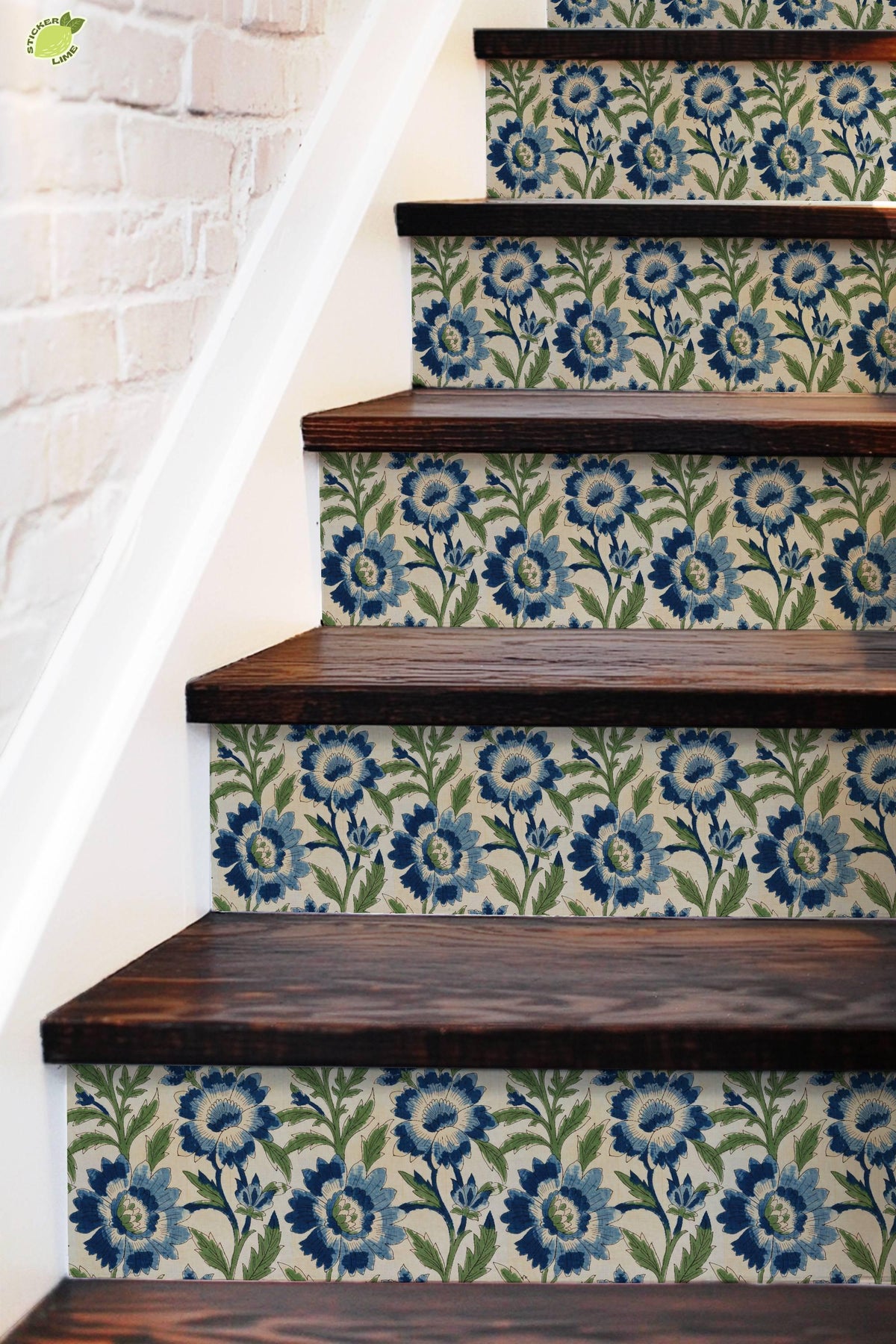 blue and green floral block print peel and stick stair riser decals, photo 5 of 8