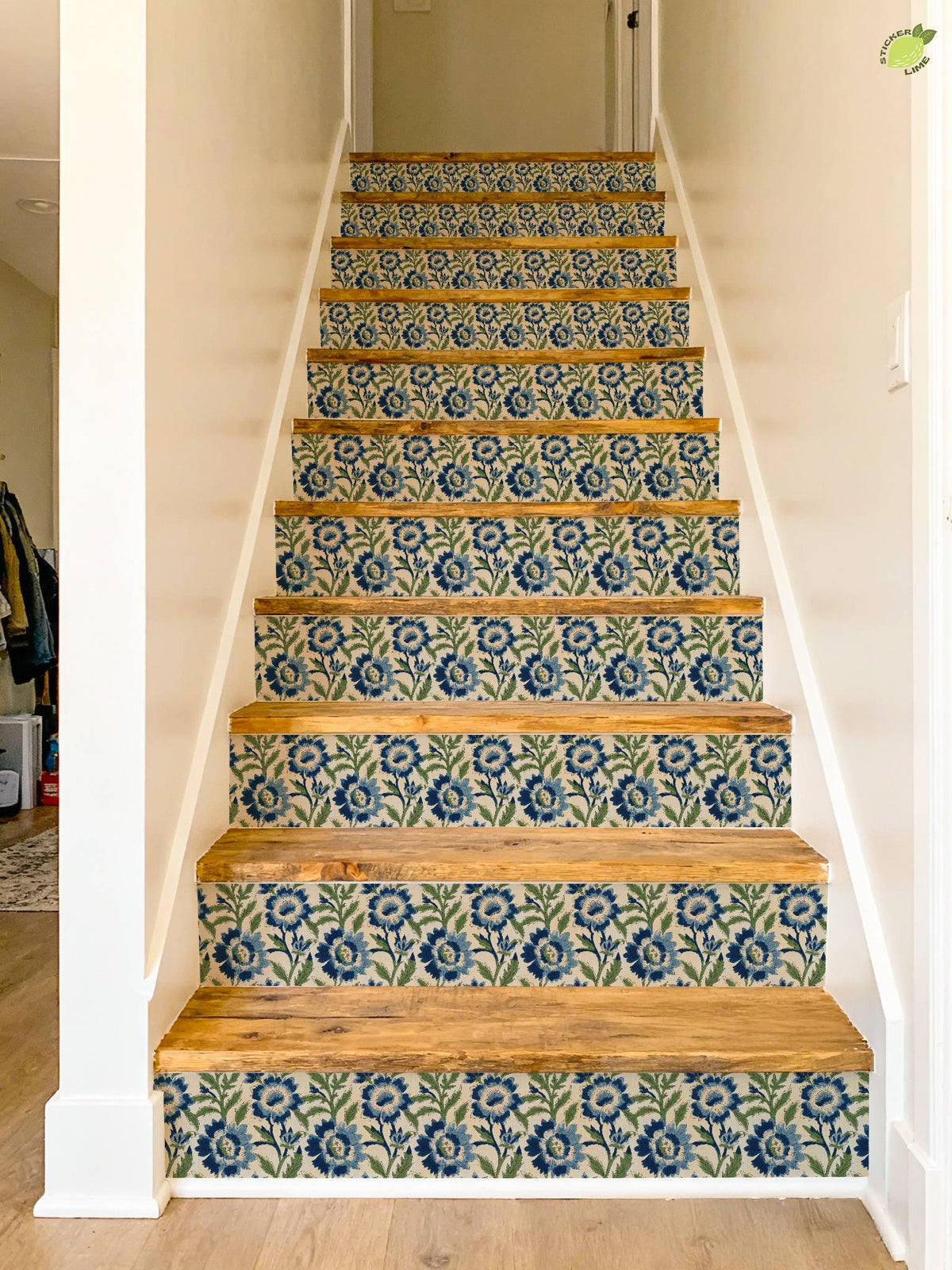 blue and green floral block print peel and stick stair riser decals, photo 6 of 8