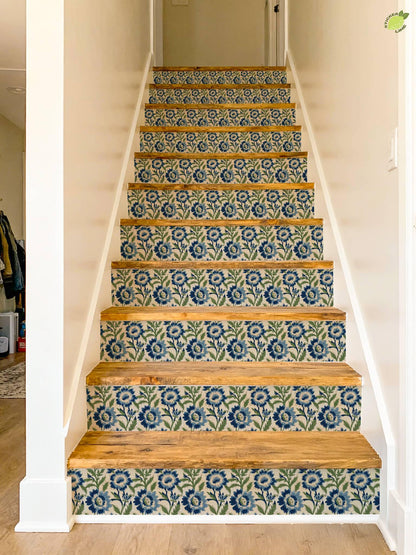 blue and green floral block print peel and stick stair riser decals, photo 6 of 8