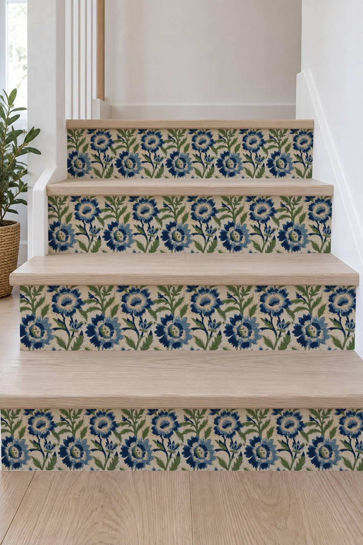blue and green floral block print peel and stick stair riser decals, photo 7 of 8