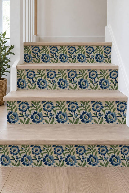 blue and green floral block print peel and stick stair riser decals, photo 7 of 8