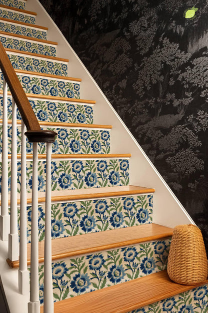 blue and green floral block print peel and stick stair riser decals, photo 8 of 8