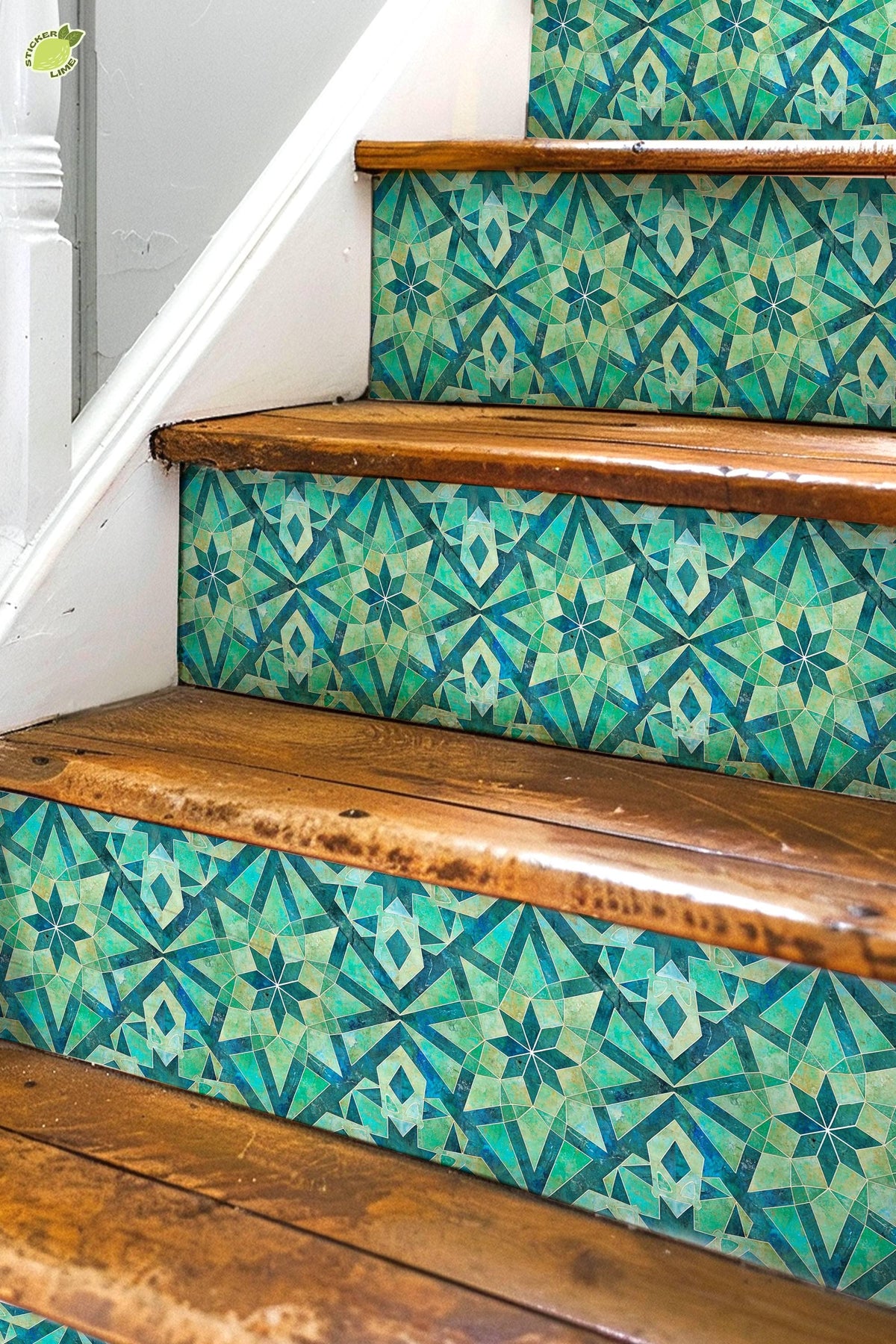 Blue & Green Rustic Moroccan Tile peel and stick stair riser decals