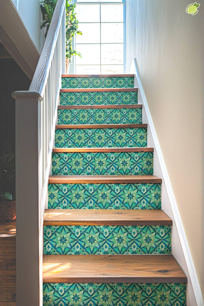 Blue & Green Rustic Moroccan Tile peel and stick stair riser decals, photo 4 of 8