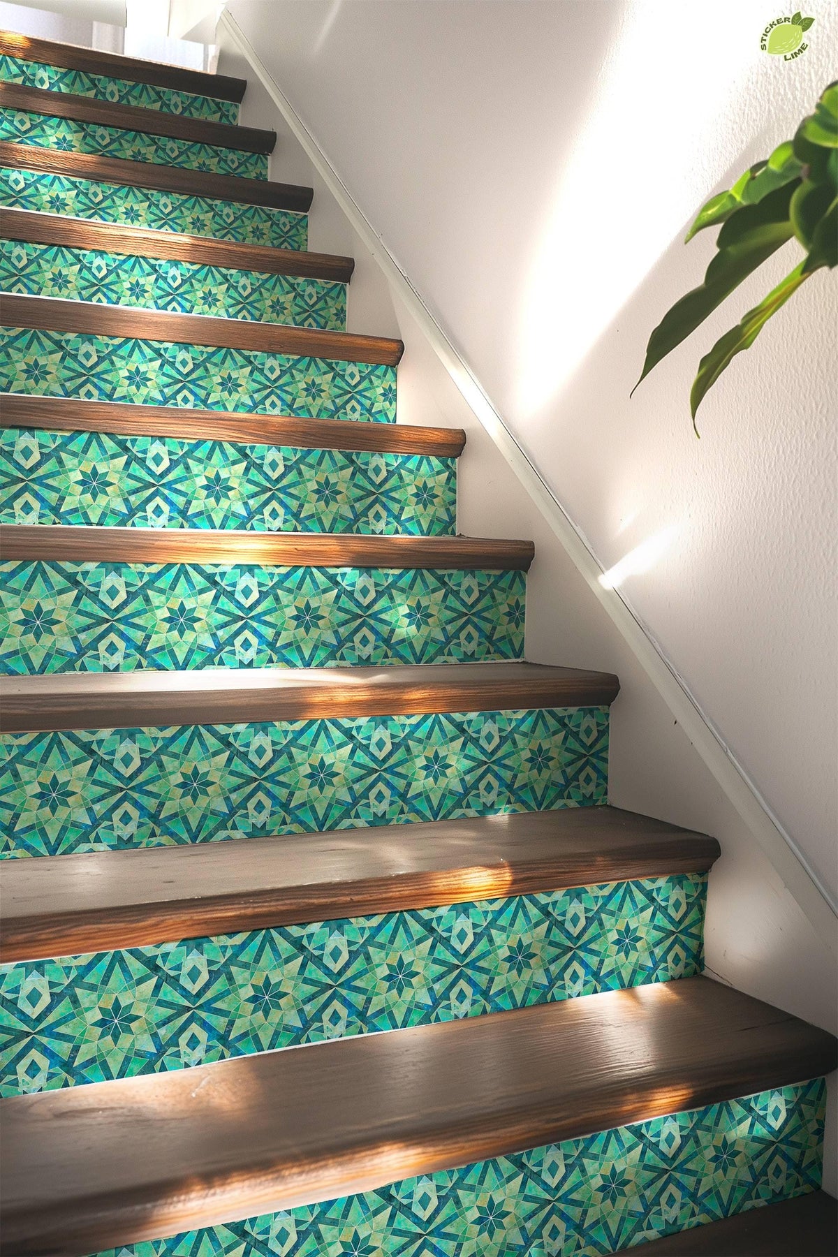 Blue & Green Rustic Moroccan Tile peel and stick stair riser decals, photo 5 of 8