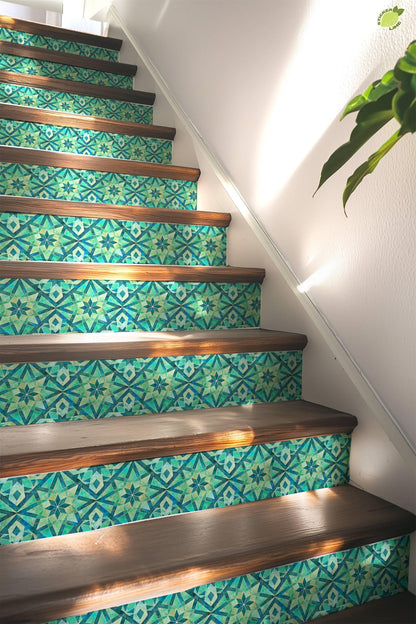 Blue & Green Rustic Moroccan Tile peel and stick stair riser decals, photo 5 of 8