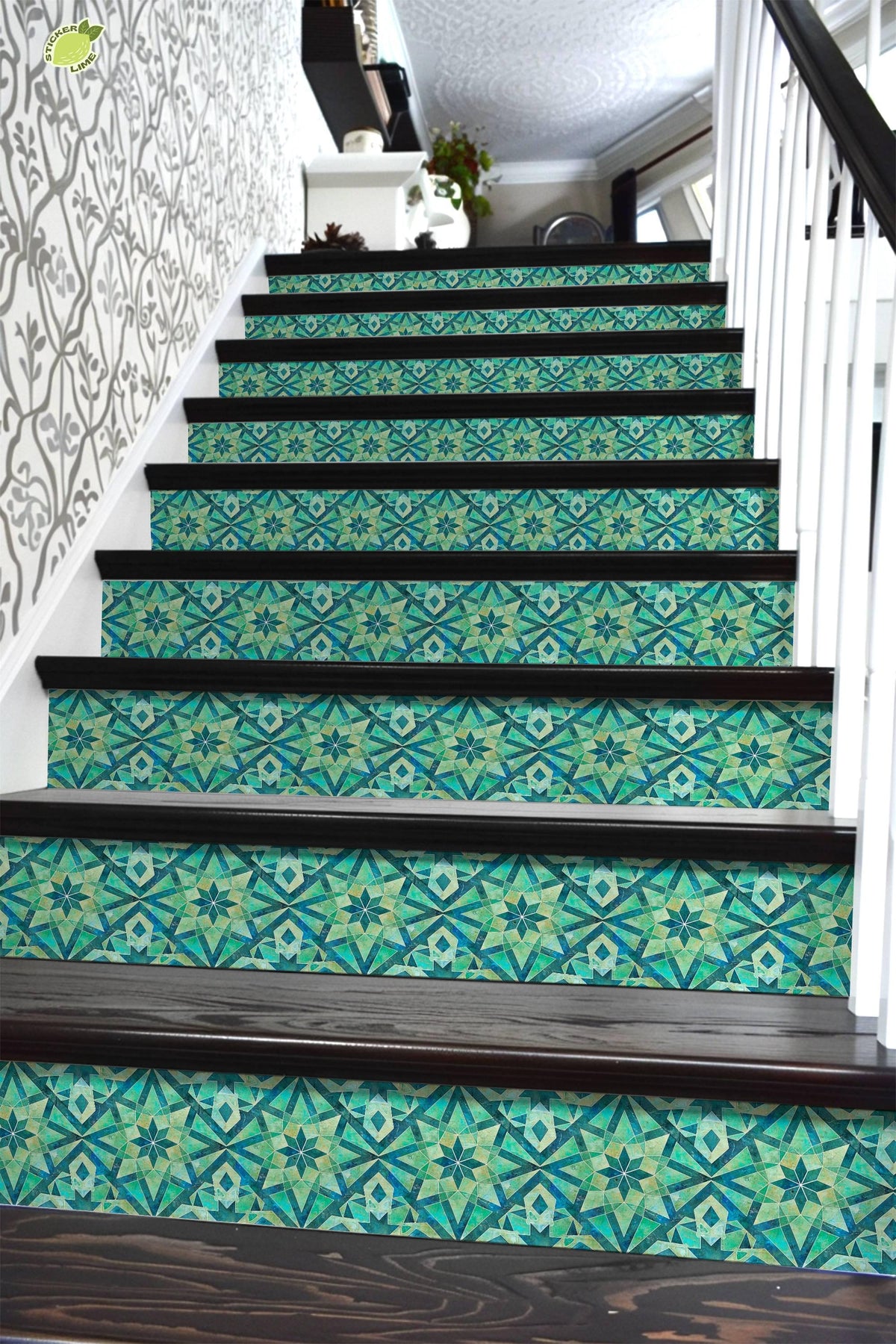 Blue & Green Rustic Moroccan Tile peel and stick stair riser decals, photo 6 of 8