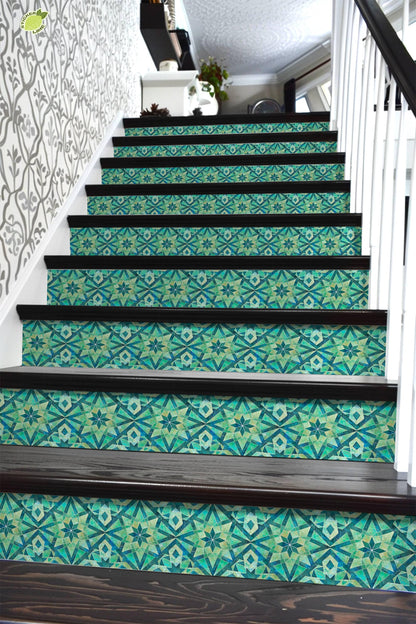 Blue & Green Rustic Moroccan Tile peel and stick stair riser decals, photo 6 of 8