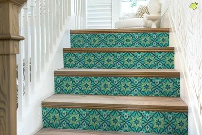 Blue & Green Rustic Moroccan Tile peel and stick stair riser decals, photo 7 of 8