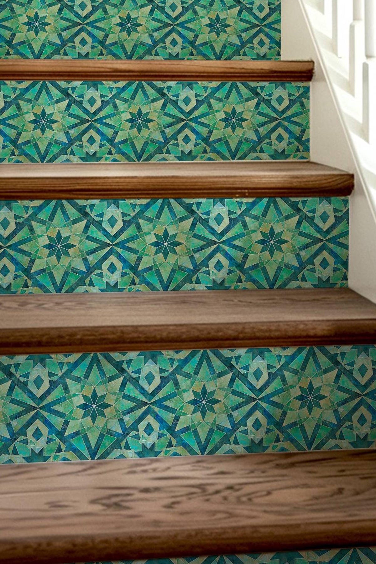 Blue & Green Rustic Moroccan Tile peel and stick stair riser decals, photo 8 of 8