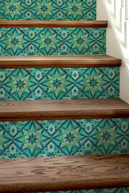 Blue & Green Rustic Moroccan Tile peel and stick stair riser decals, photo 8 of 8