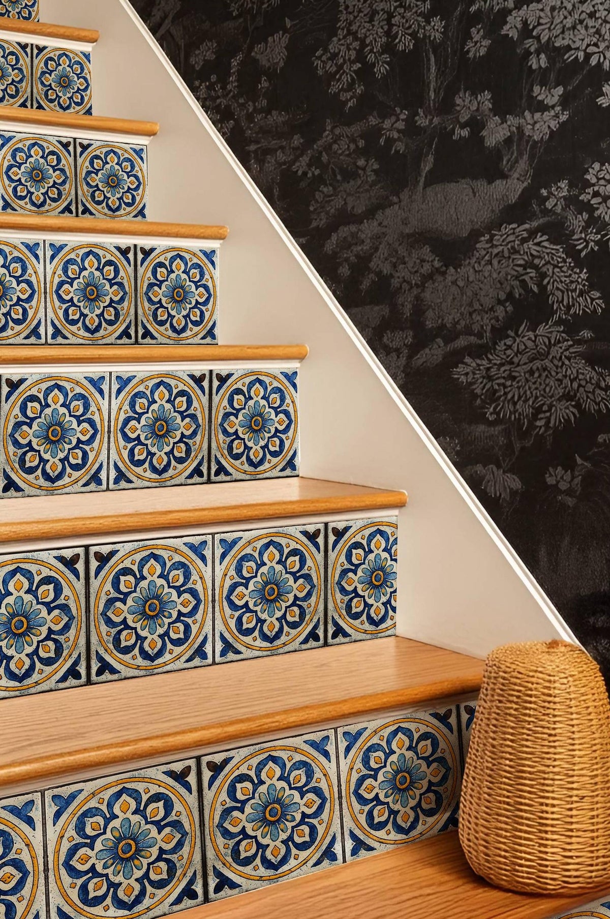 Blue & White Mandala peel and stick stair riser decals