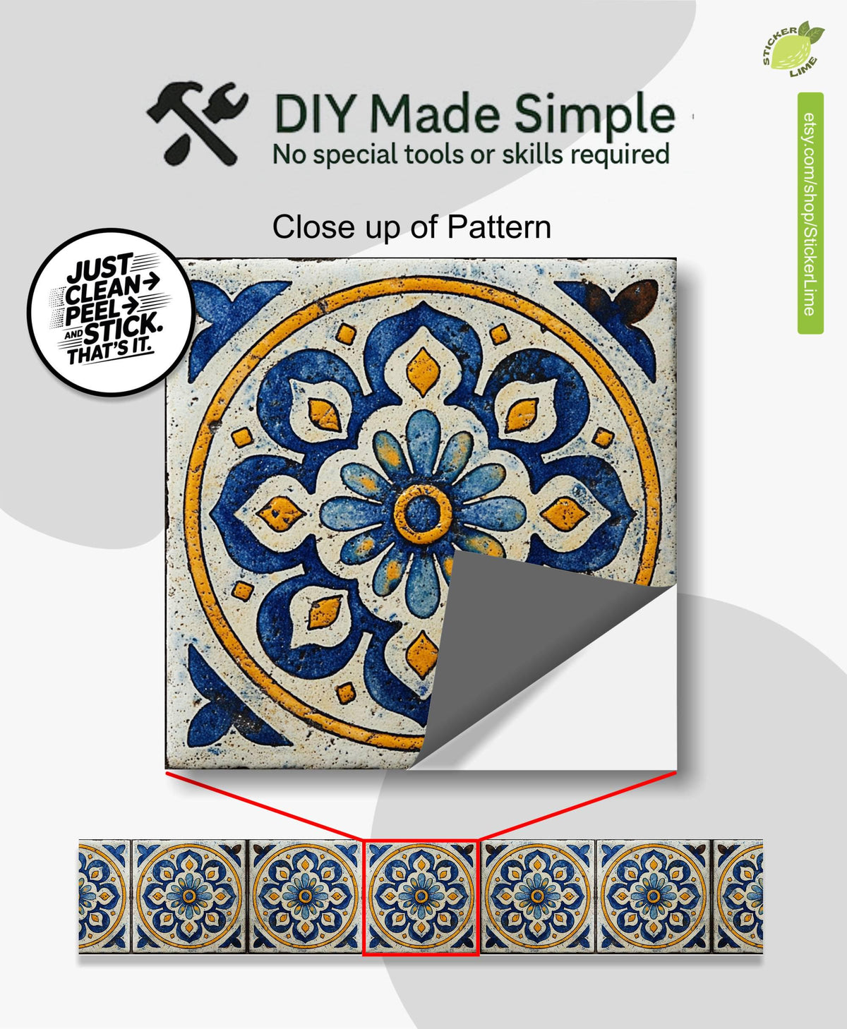 Blue & White Mandala peel and stick stair riser decals, photo 2 of 8