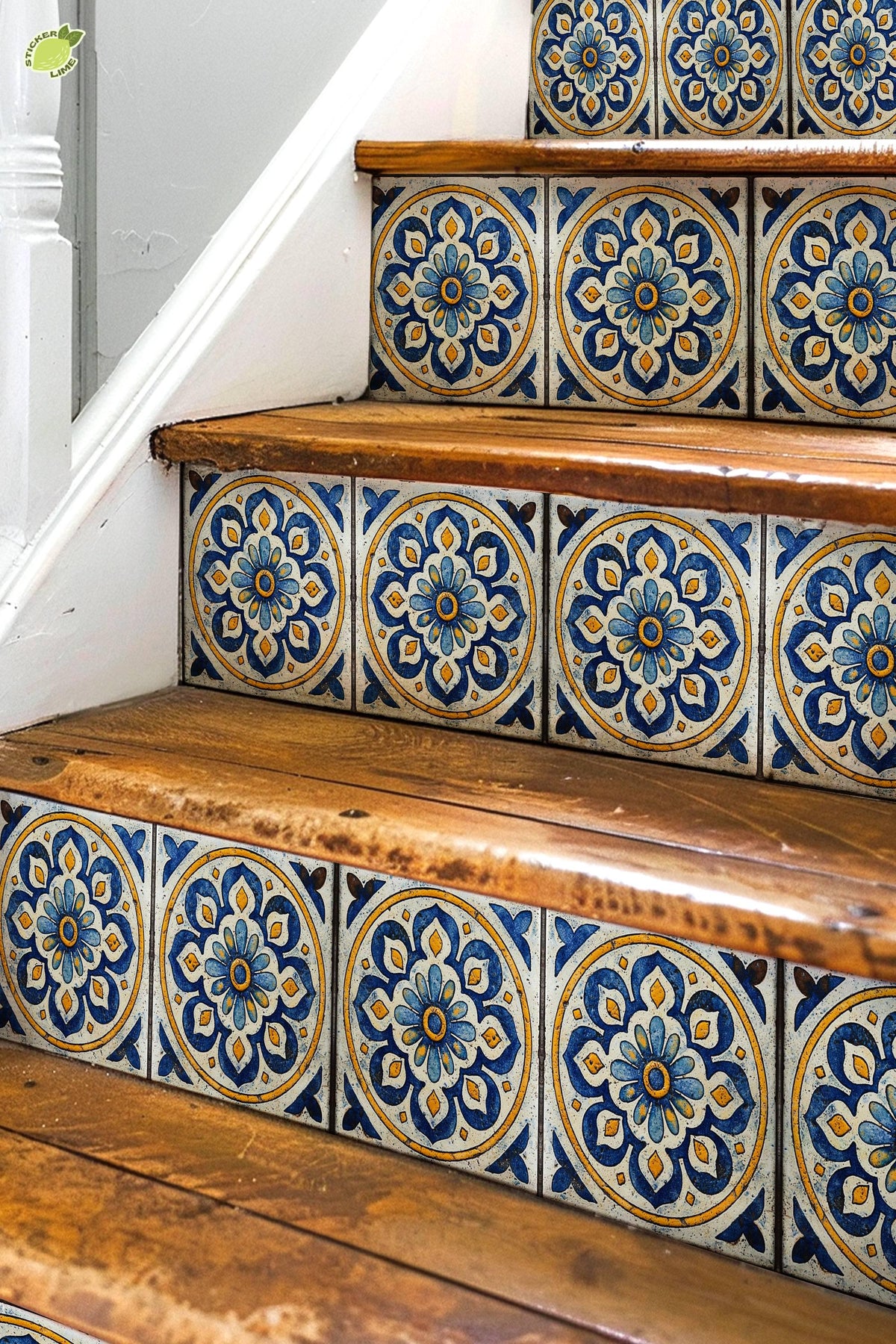Blue & White Mandala peel and stick stair riser decals, photo 3 of 8