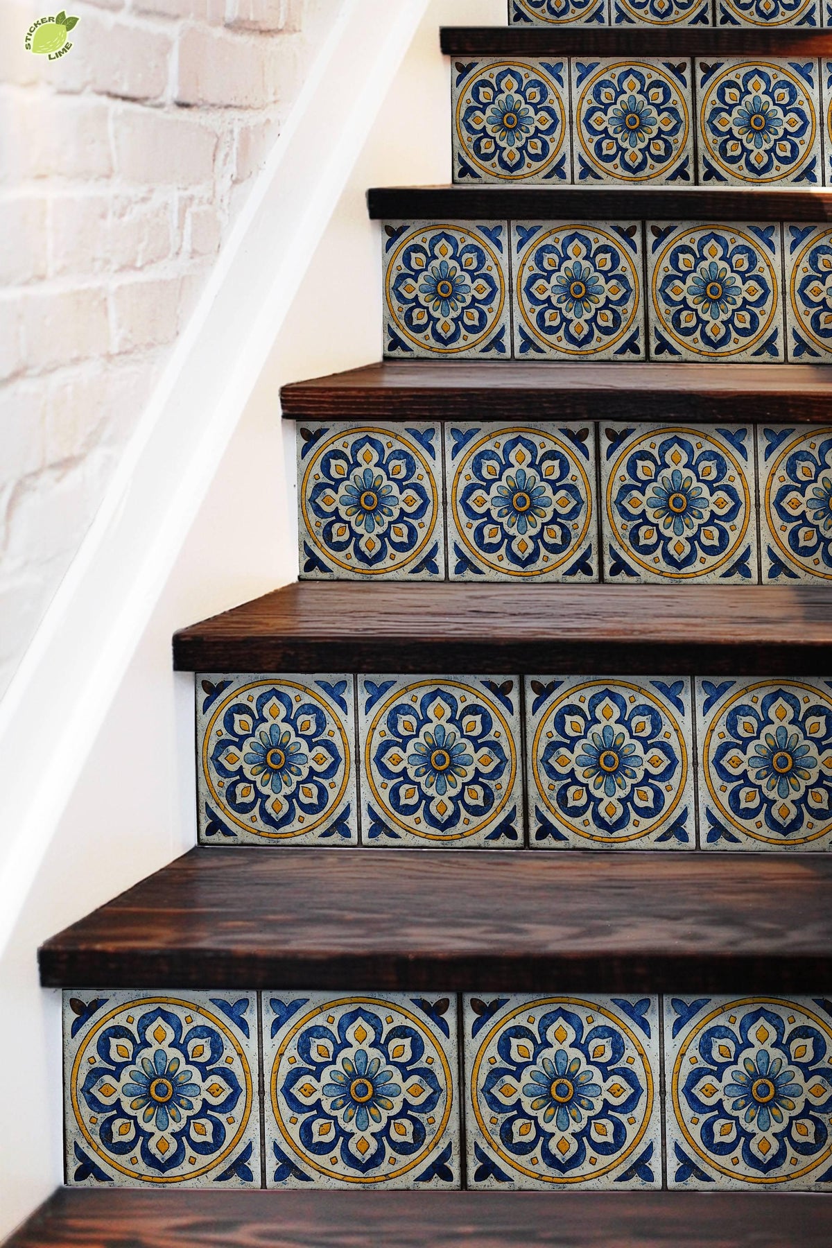 Blue & White Mandala peel and stick stair riser decals, photo 4 of 8