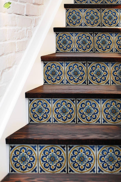 Blue & White Mandala peel and stick stair riser decals, photo 4 of 8