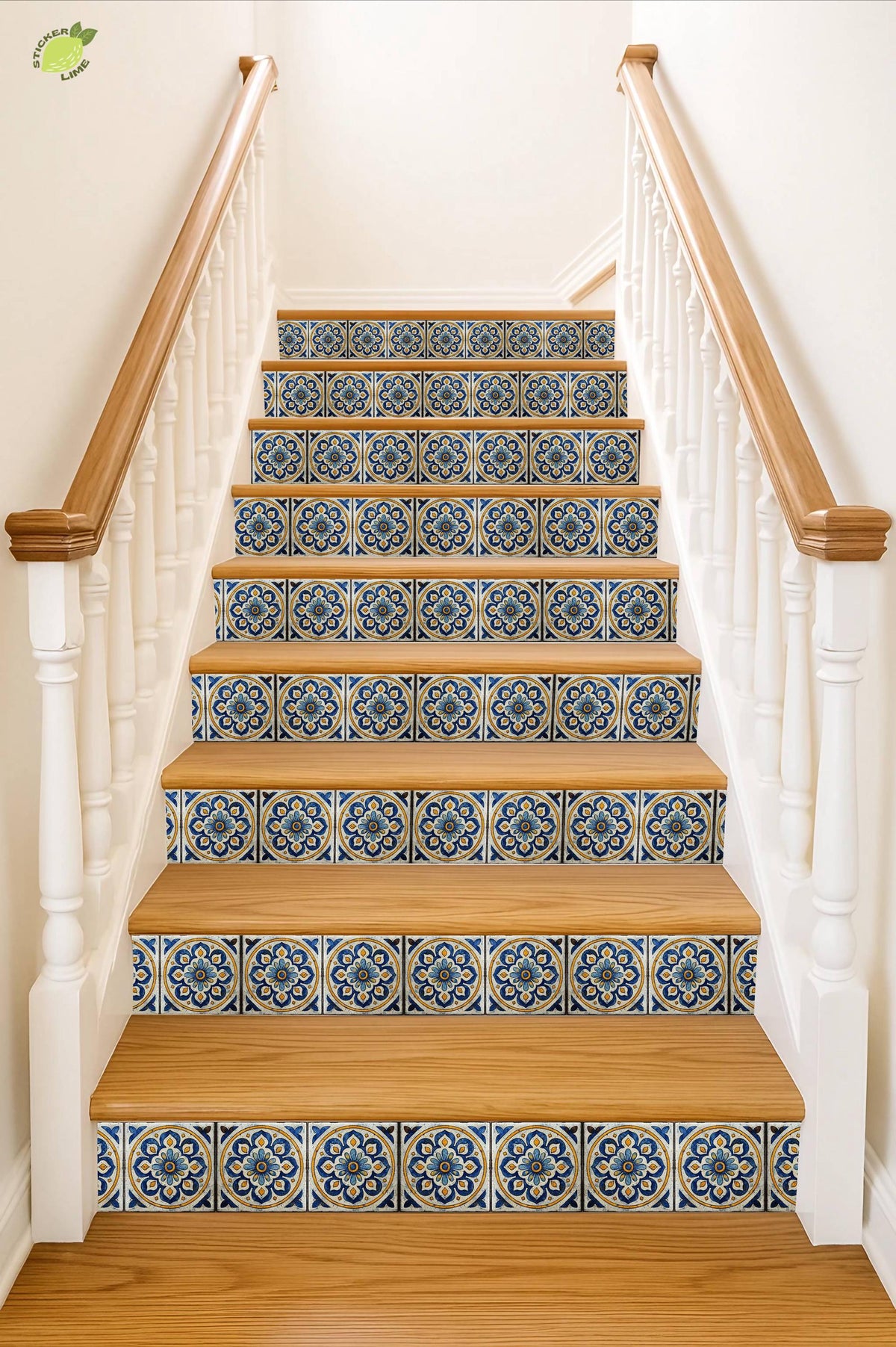 Blue & White Mandala peel and stick stair riser decals, photo 5 of 8
