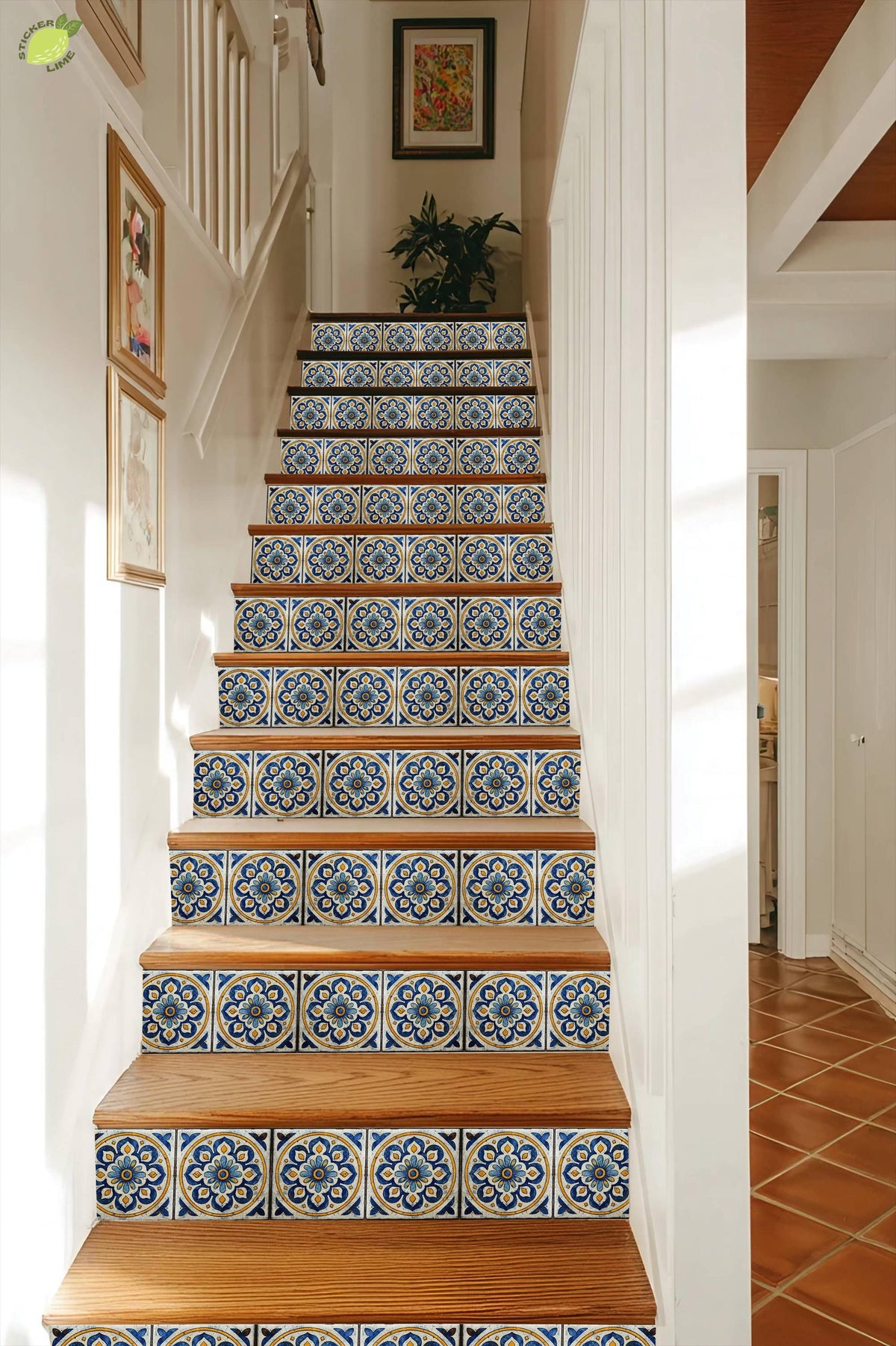 Blue & White Mandala peel and stick stair riser decals, photo 6 of 8
