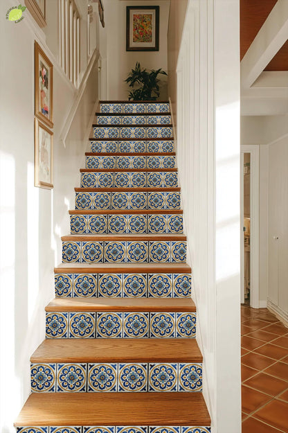 Blue & White Mandala peel and stick stair riser decals, photo 6 of 8