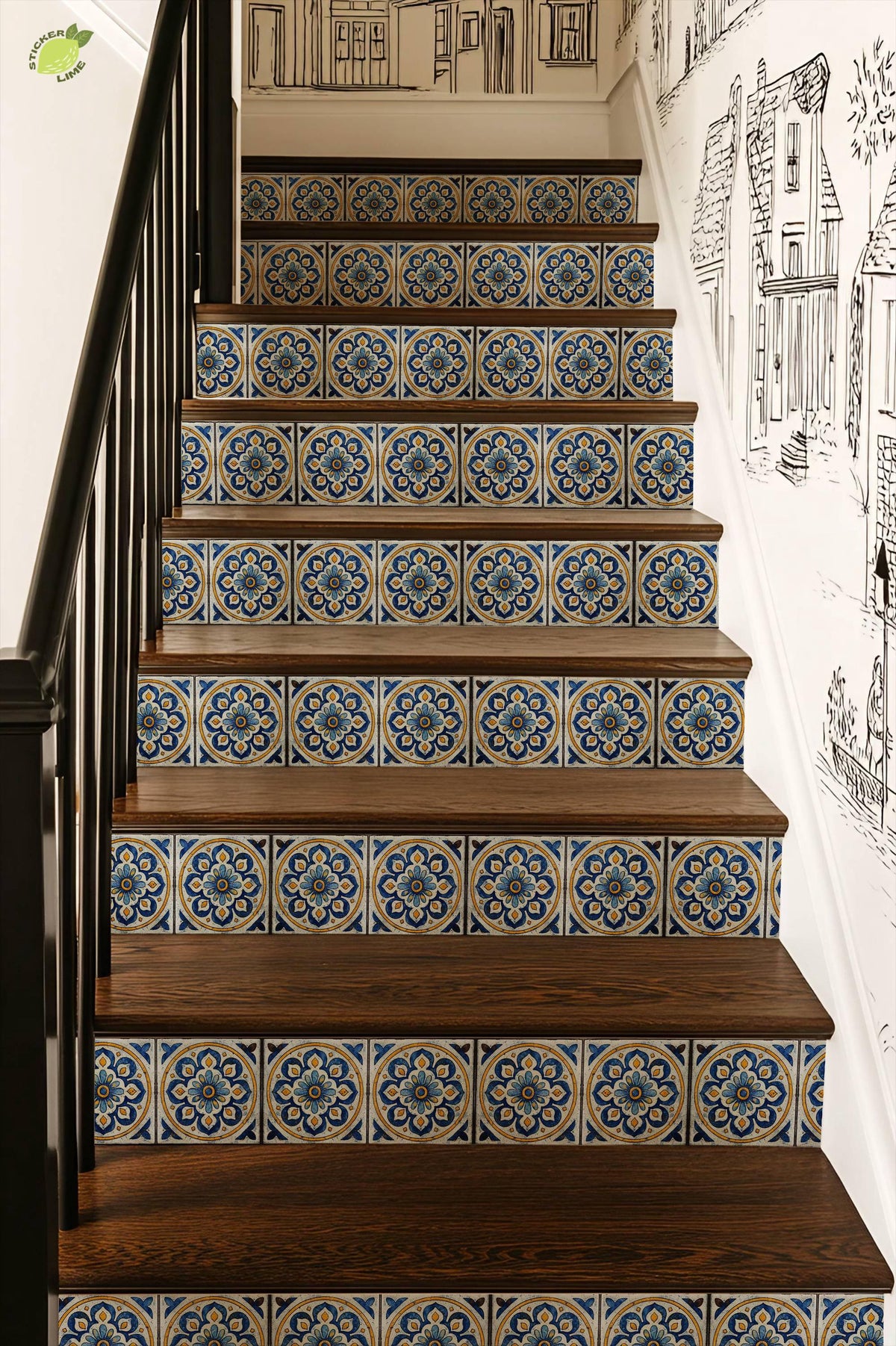 Blue & White Mandala peel and stick stair riser decals, photo 7 of 8