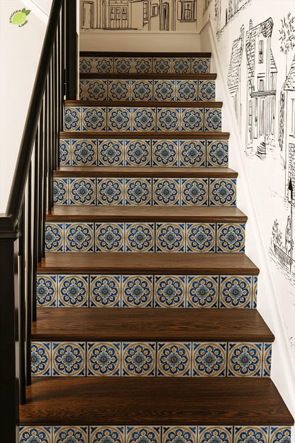 Blue & White Mandala peel and stick stair riser decals, photo 7 of 8