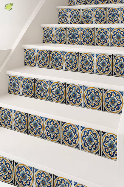 Blue & White Mandala peel and stick stair riser decals, photo 8 of 8