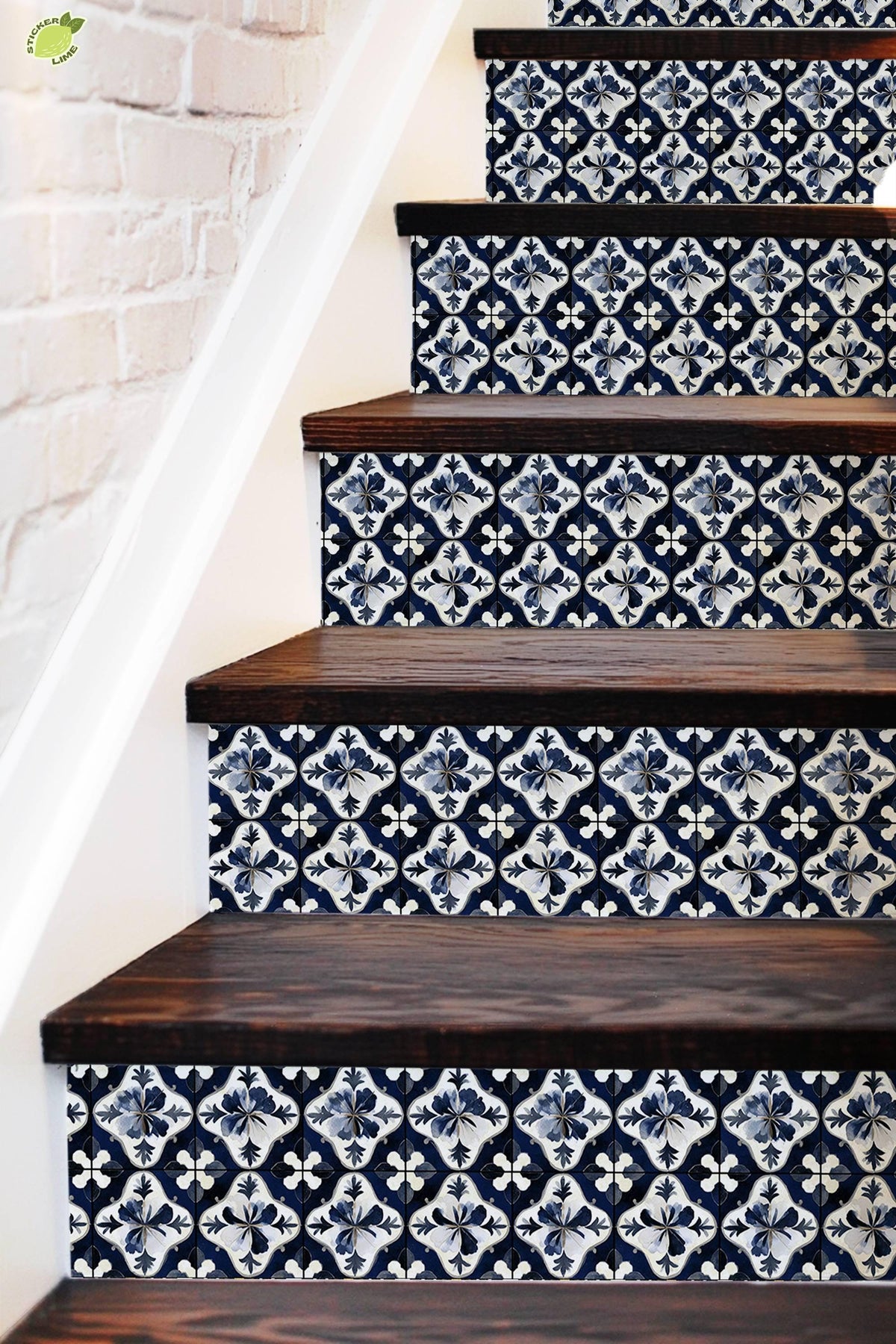 Blue & White Medieval Tile peel and stick stair riser decals, photo 3 of 8