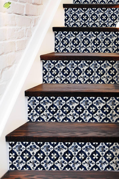 Blue & White Medieval Tile peel and stick stair riser decals, photo 3 of 8