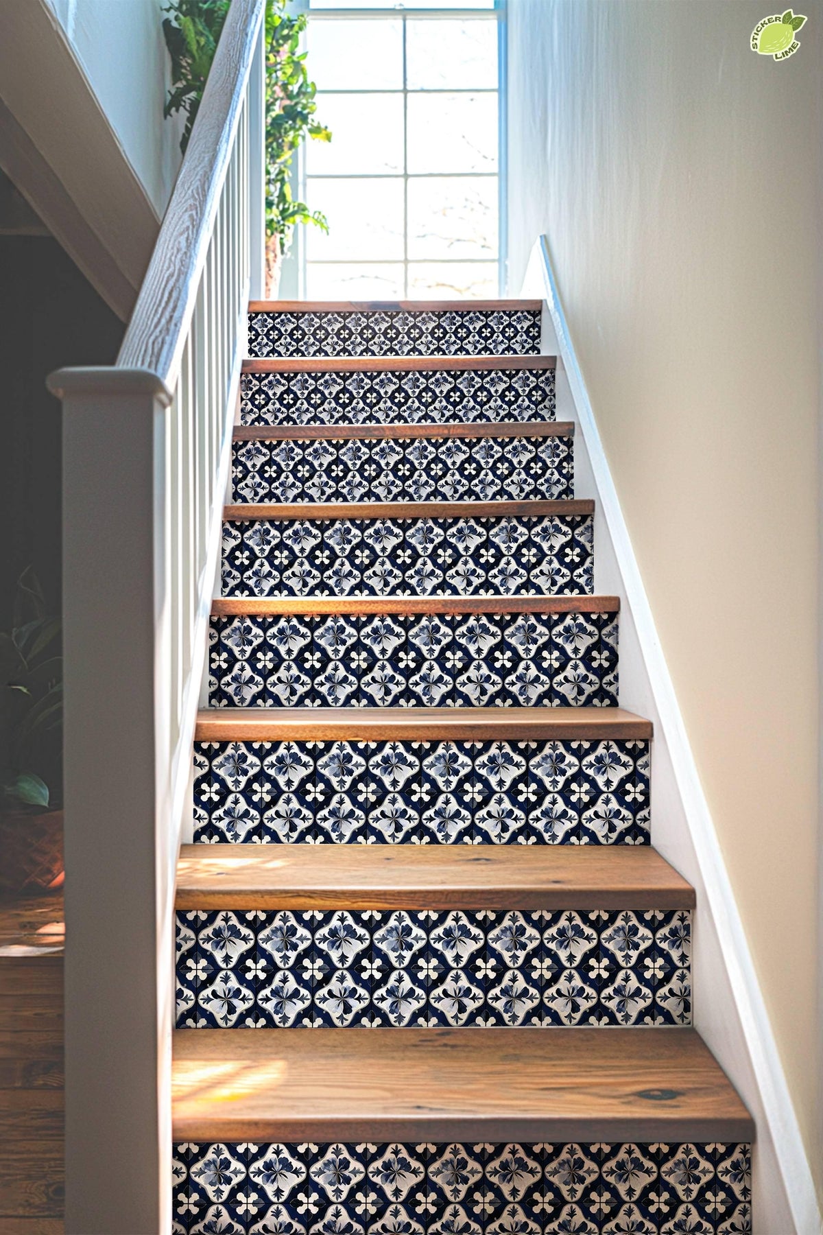 Blue & White Medieval Tile peel and stick stair riser decals, photo 4 of 8