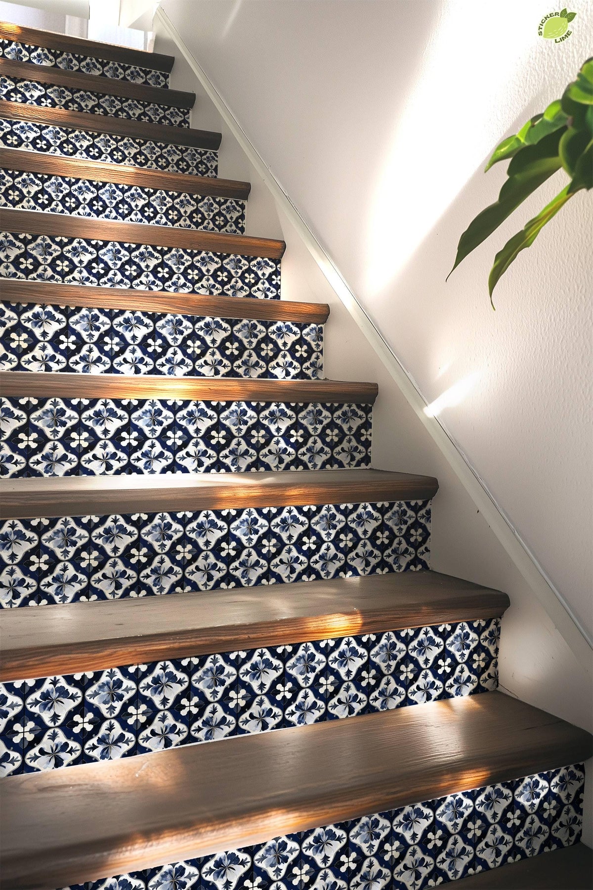 Blue & White Medieval Tile peel and stick stair riser decals, photo 5 of 8