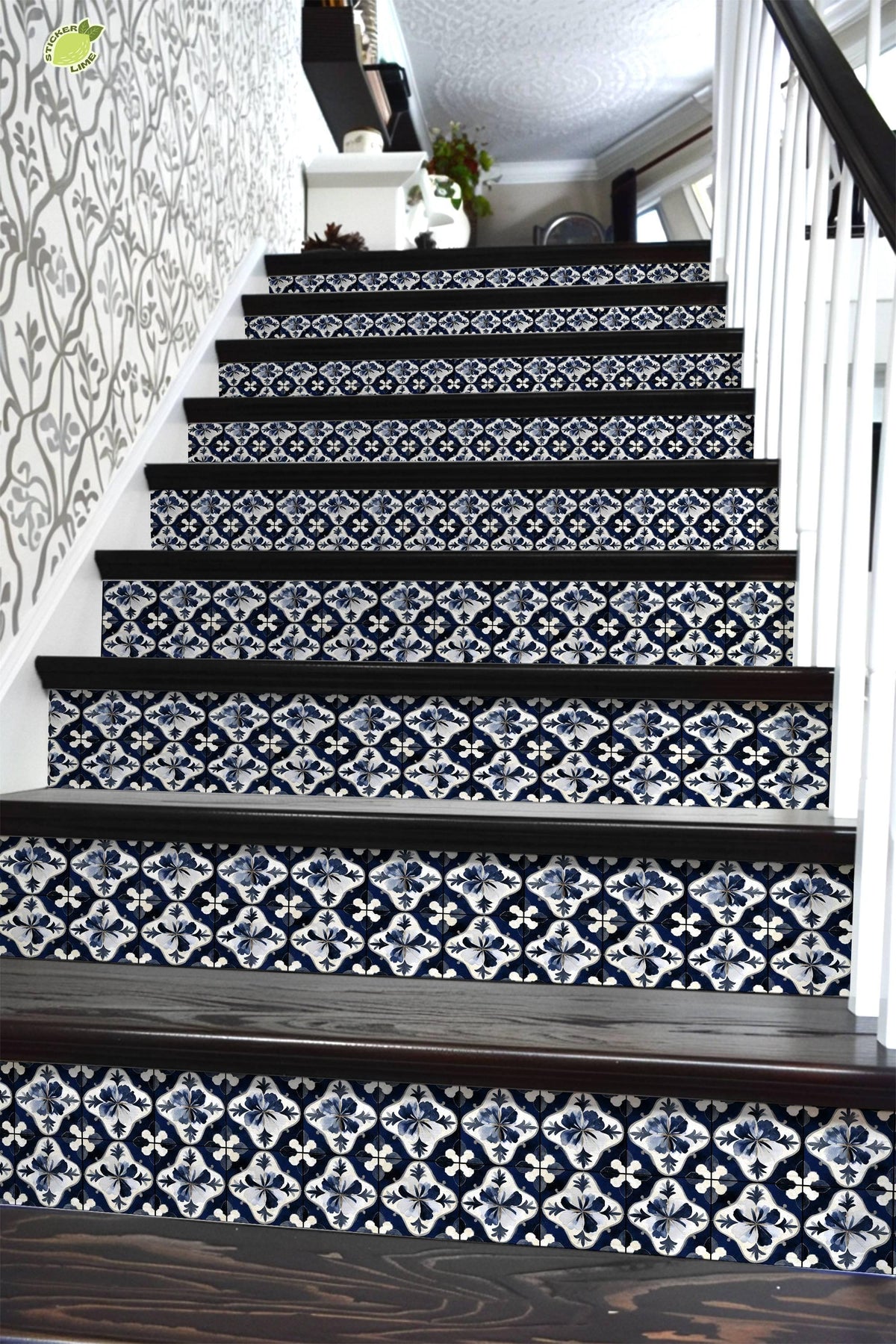 Blue & White Medieval Tile peel and stick stair riser decals, photo 6 of 8
