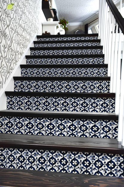 Blue & White Medieval Tile peel and stick stair riser decals, photo 6 of 8