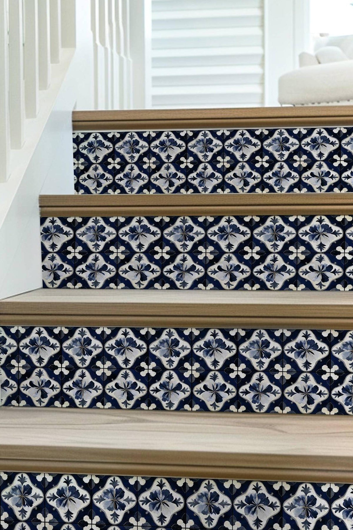 Blue & White Medieval Tile peel and stick stair riser decals, photo 7 of 8