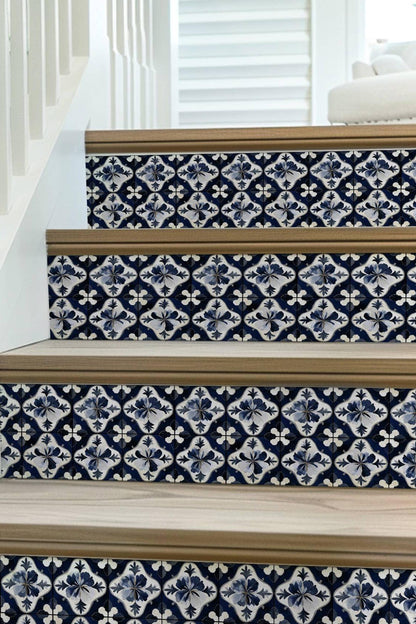 Blue & White Medieval Tile peel and stick stair riser decals, photo 7 of 8