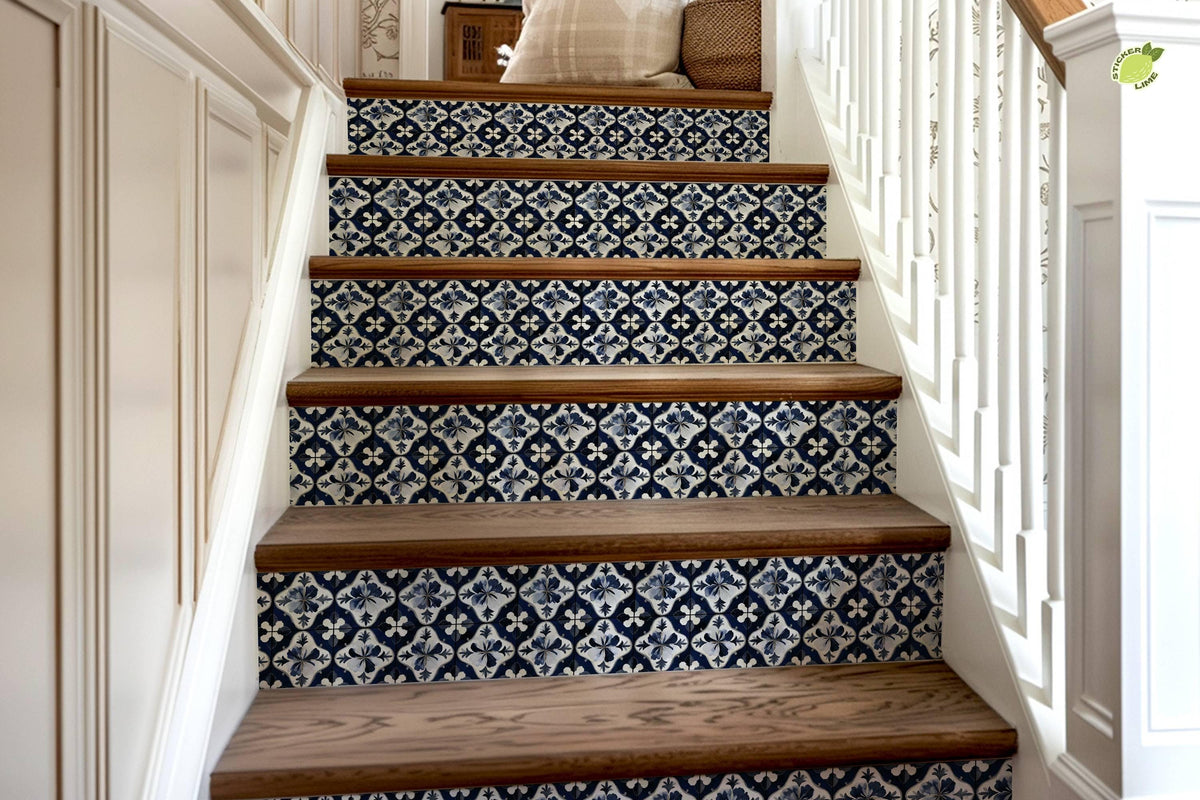 Blue & White Medieval Tile peel and stick stair riser decals, photo 8 of 8