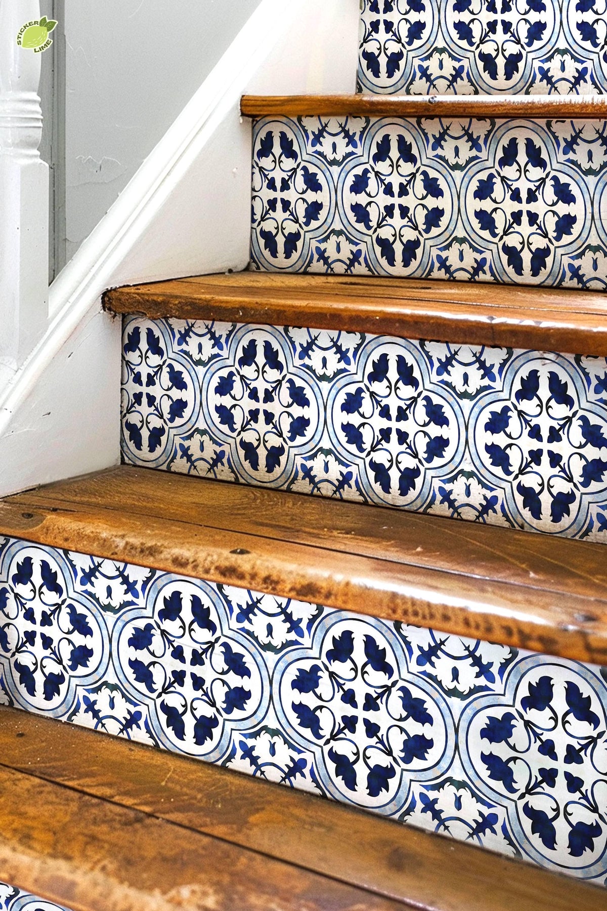 Blue & White Moroccan Tile peel and stick stair riser decals