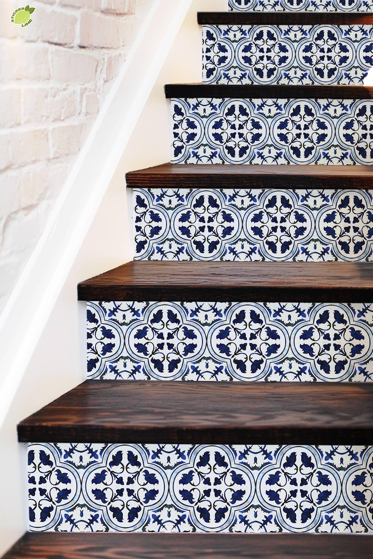 Blue & White Moroccan Tile peel and stick stair riser decals, photo 3 of 8