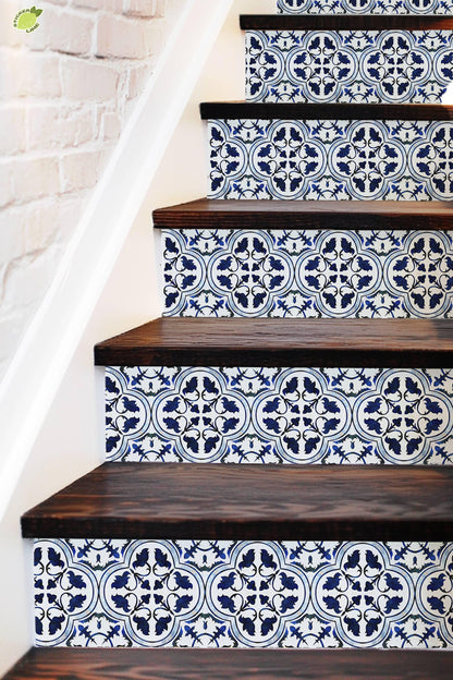 Blue & White Moroccan Tile peel and stick stair riser decals, photo 3 of 8