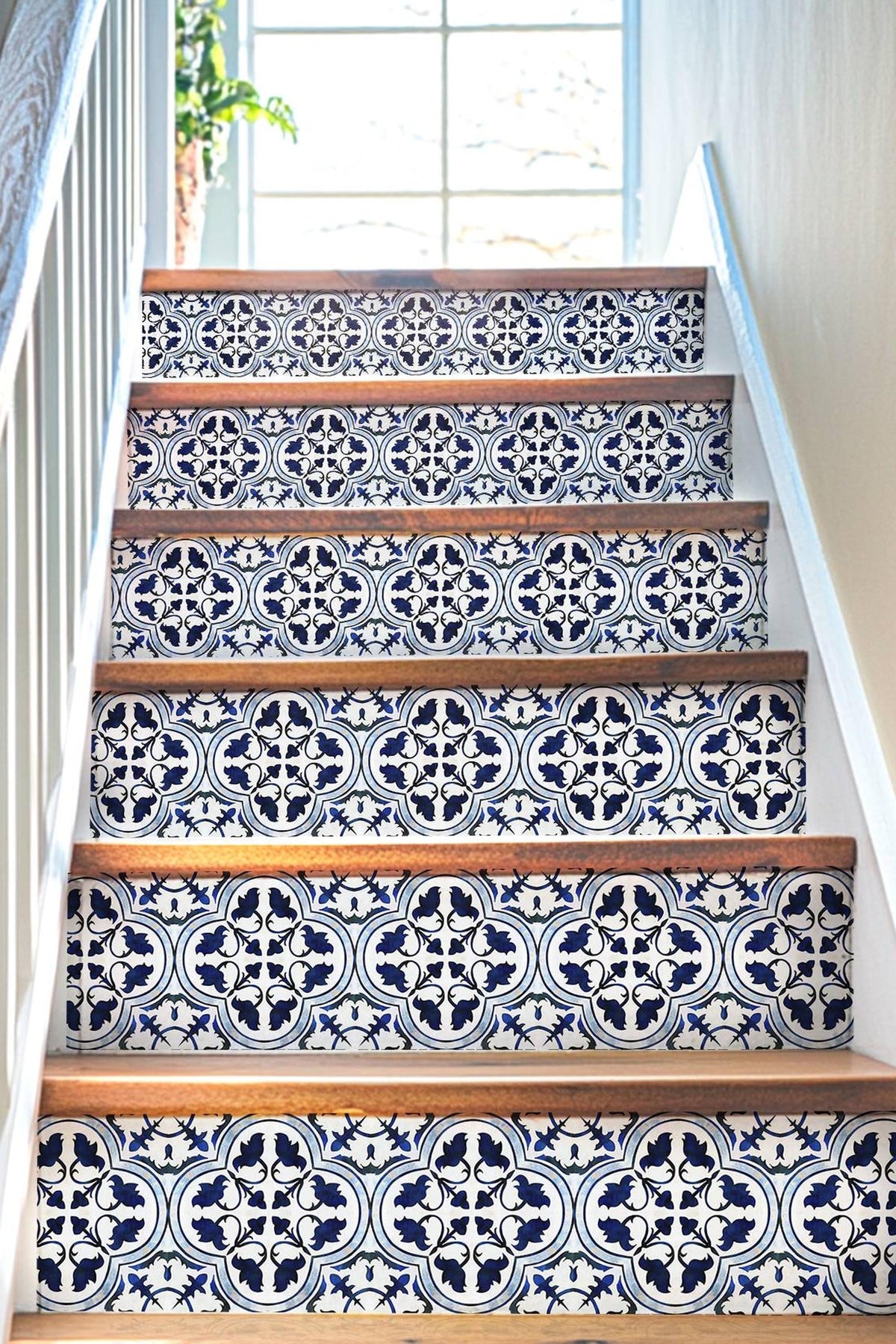 Blue & White Moroccan Tile peel and stick stair riser decals, photo 4 of 8