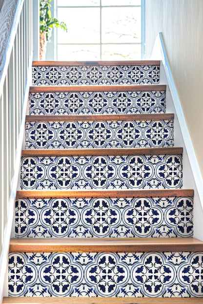 Blue & White Moroccan Tile peel and stick stair riser decals, photo 4 of 8