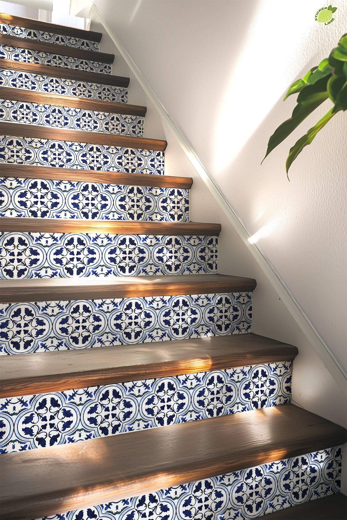 Blue & White Moroccan Tile peel and stick stair riser decals, photo 5 of 8