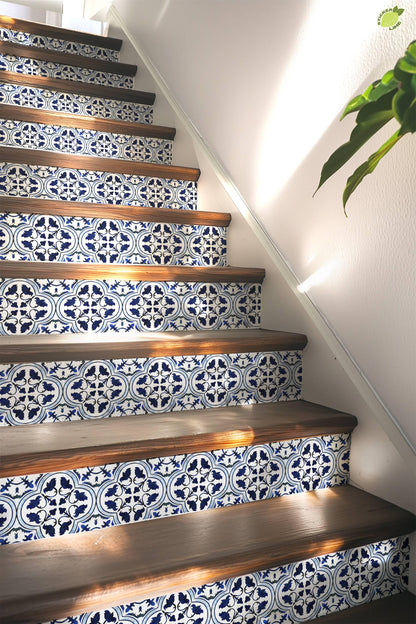 Blue & White Moroccan Tile peel and stick stair riser decals, photo 5 of 8