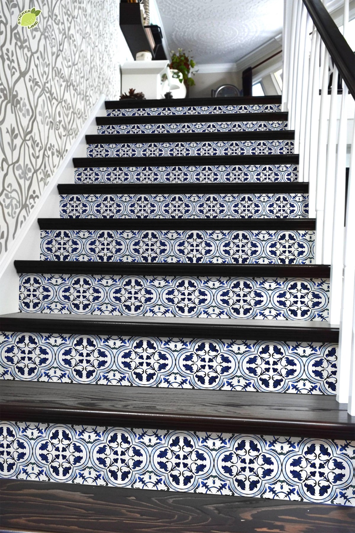 Blue & White Moroccan Tile peel and stick stair riser decals, photo 6 of 8