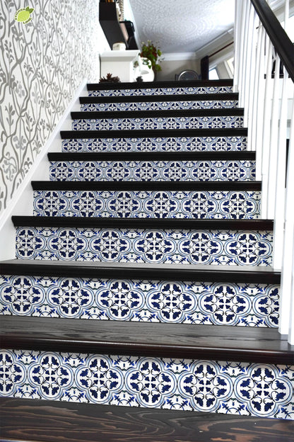 Blue & White Moroccan Tile peel and stick stair riser decals, photo 6 of 8