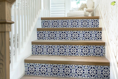 Blue & White Moroccan Tile peel and stick stair riser decals, photo 7 of 8