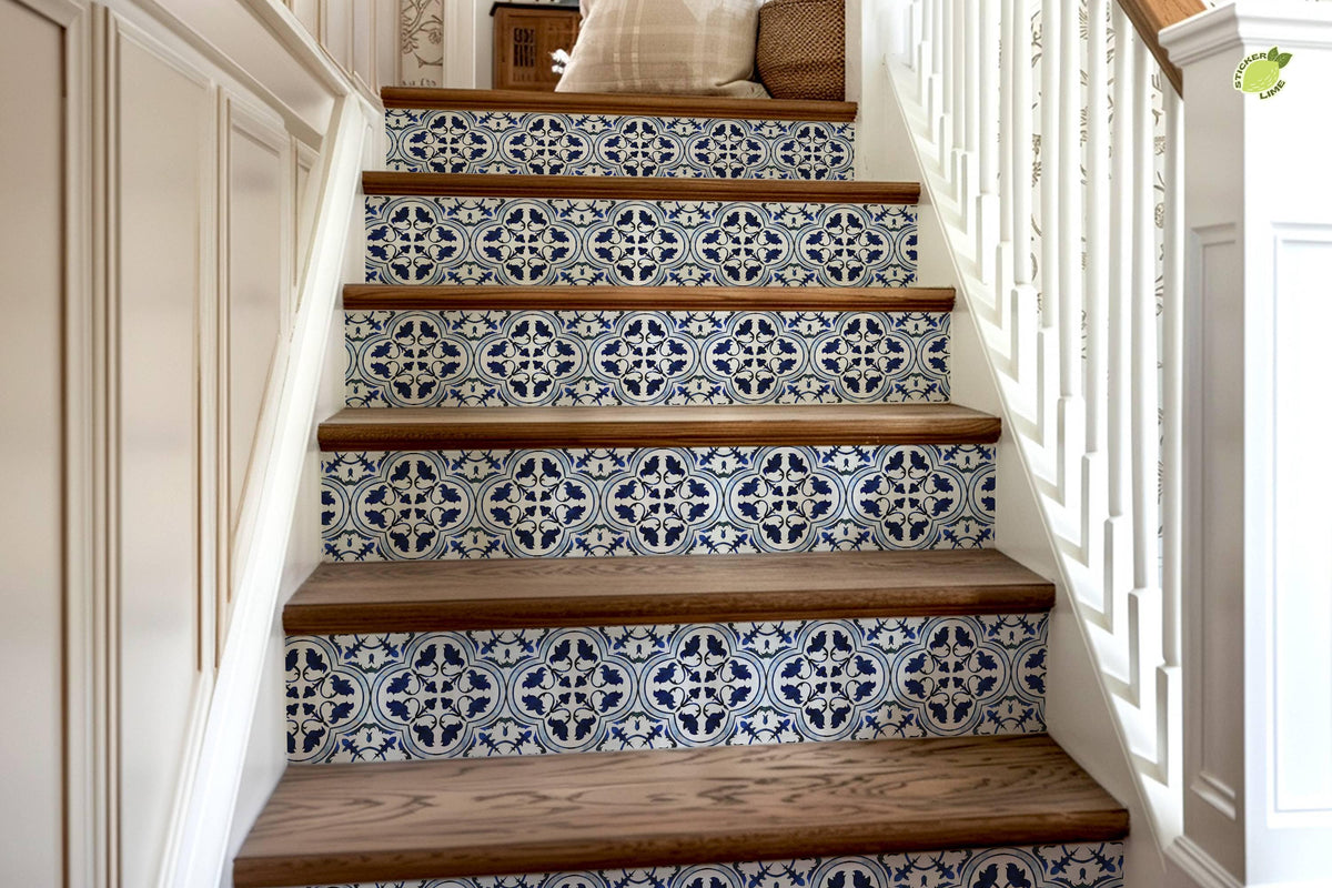 Blue & White Moroccan Tile peel and stick stair riser decals, photo 8 of 8