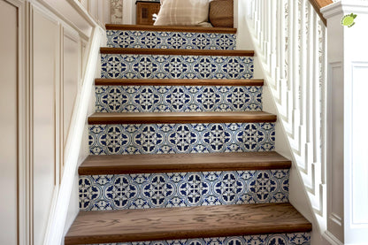 Blue & White Moroccan Tile peel and stick stair riser decals, photo 8 of 8