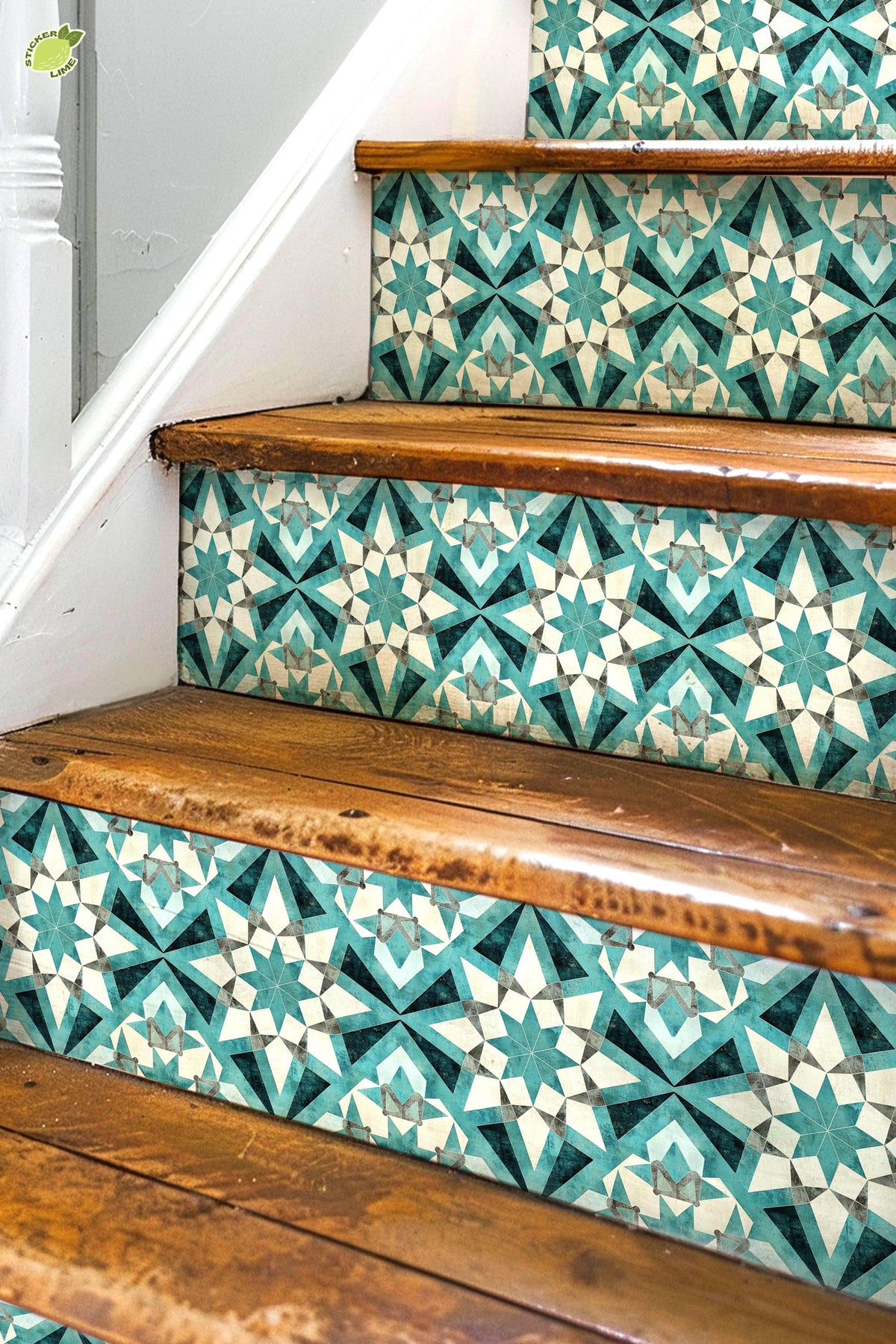 Blue & White Rustic Moroccan Tile peel and stick stair riser decals