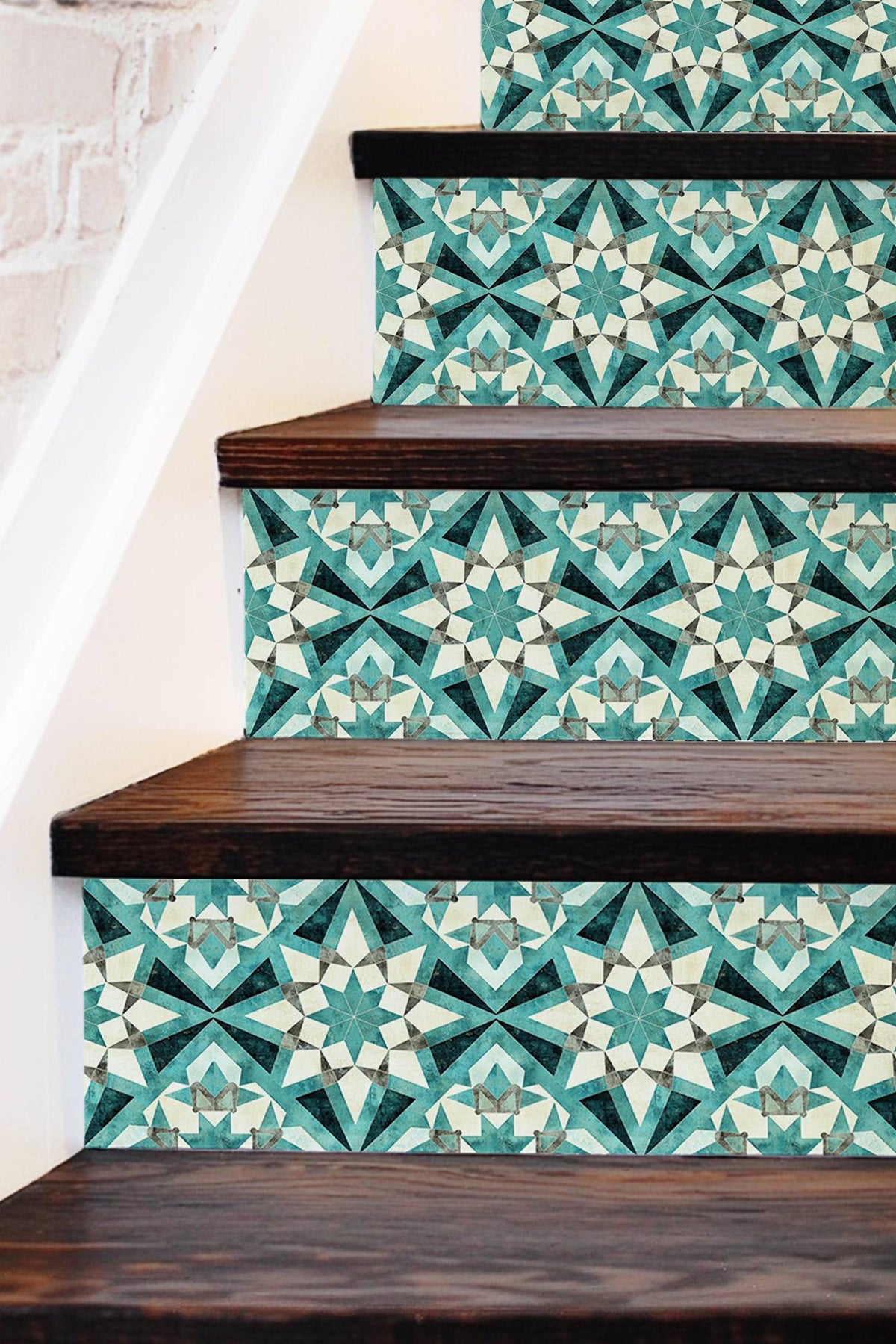 Blue & White Rustic Moroccan Tile peel and stick stair riser decals, photo 3 of 8