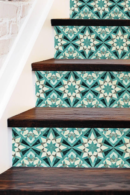 Blue & White Rustic Moroccan Tile peel and stick stair riser decals, photo 3 of 8